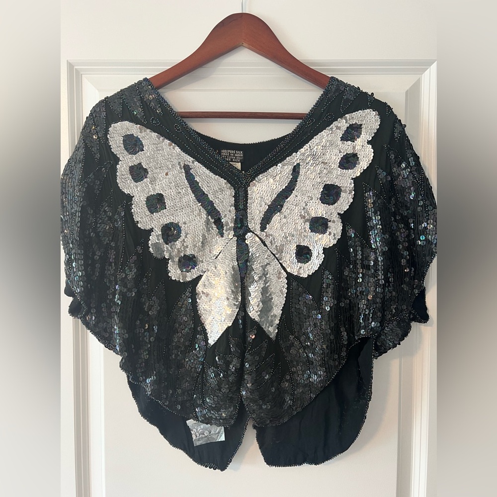 100% Pure Silk Vintage Butterfly Sequin Top